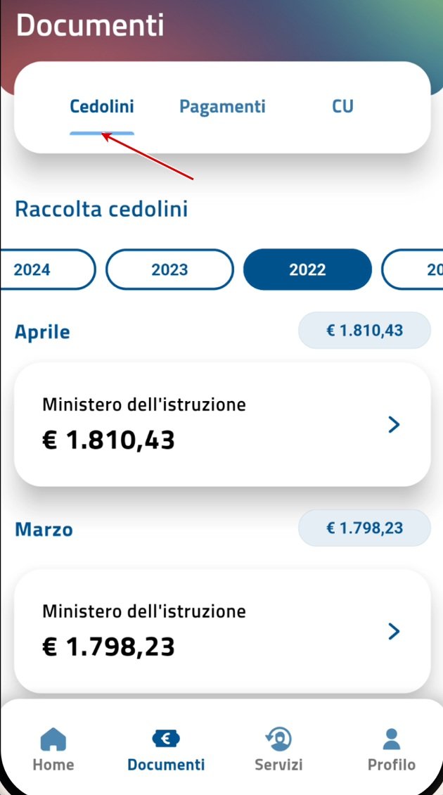 Seleziona Cedolini nella pagina Documenti dell’app; schermata dimostrativa MEF