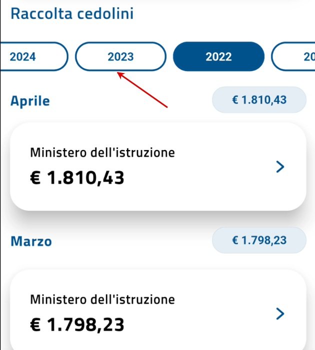 Scegli l’anno nella Raccolta cedolini; il 2022 è un esempio della schermata MEF