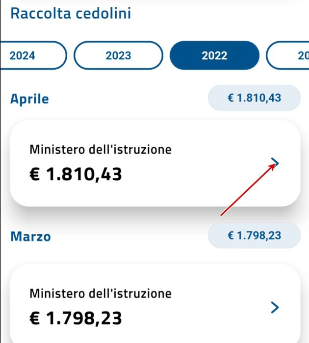 Apri il riquadro della mensilità desiderata; importi e mesi sono dimostrativi