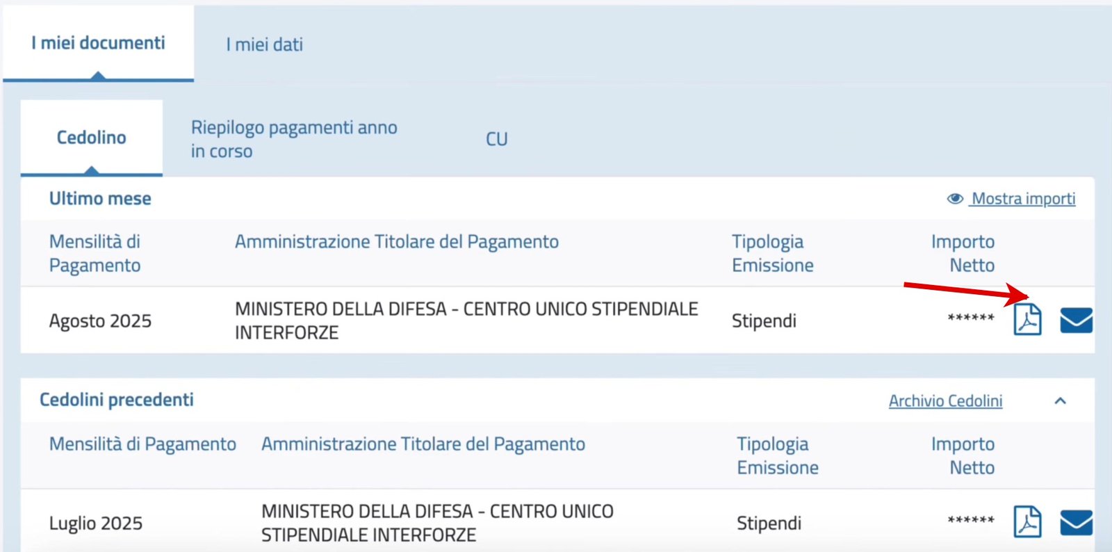 Premi l’icona PDF sulla riga del cedolino; schermata del portale nel tutorial Personal Fisco 2025