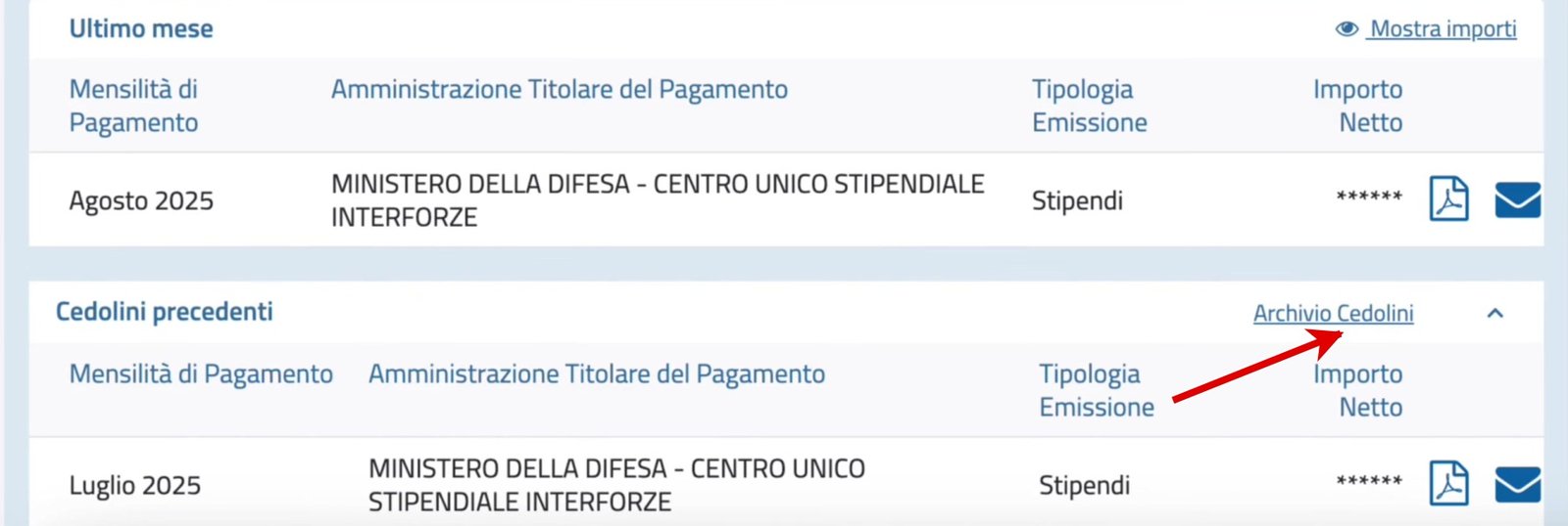 Apri Archivio Cedolini per cercare le mensilità precedenti disponibili