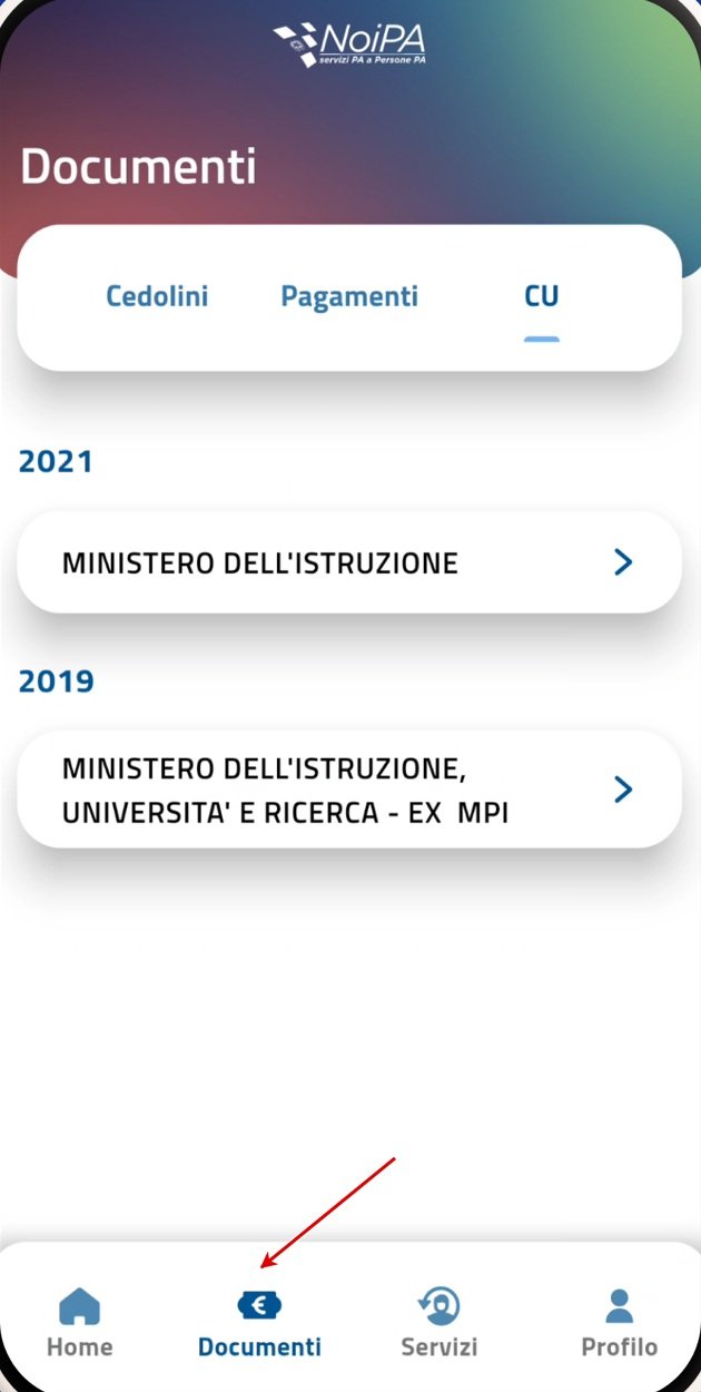 Nell’app NoiPA apri Documenti dalla barra inferiore; schermata dimostrativa MEF