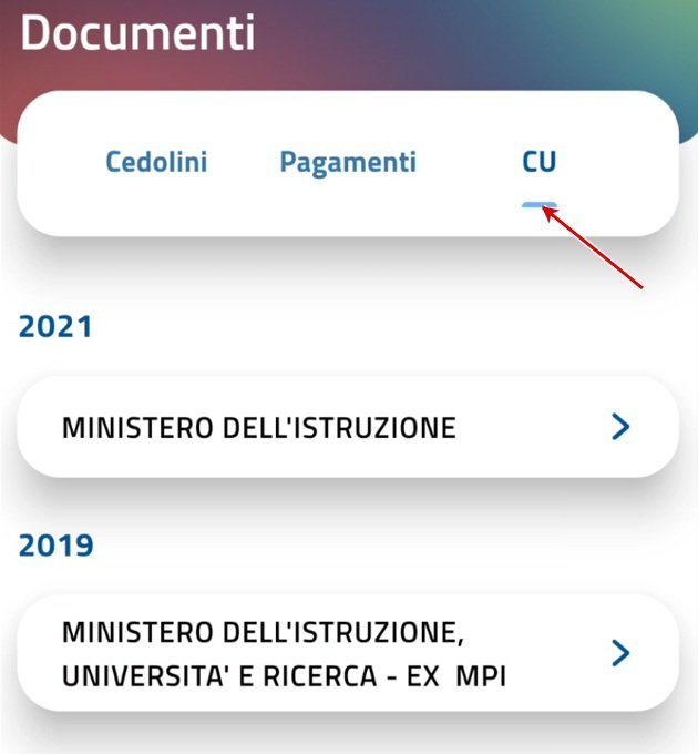 Tocca CU nella pagina Documenti; esempio MEF con anni precedenti