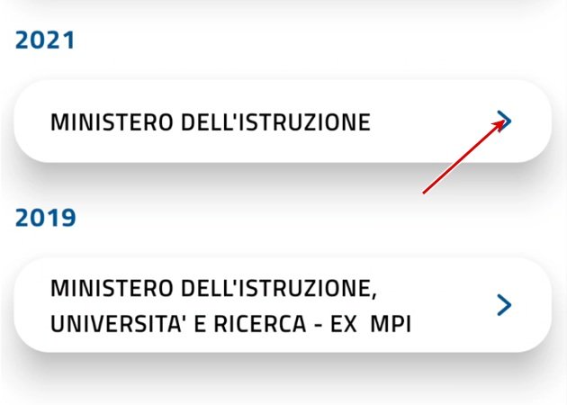 Apri il riquadro della certificazione: gli anni 2021 e 2019 sono esempi della schermata MEF