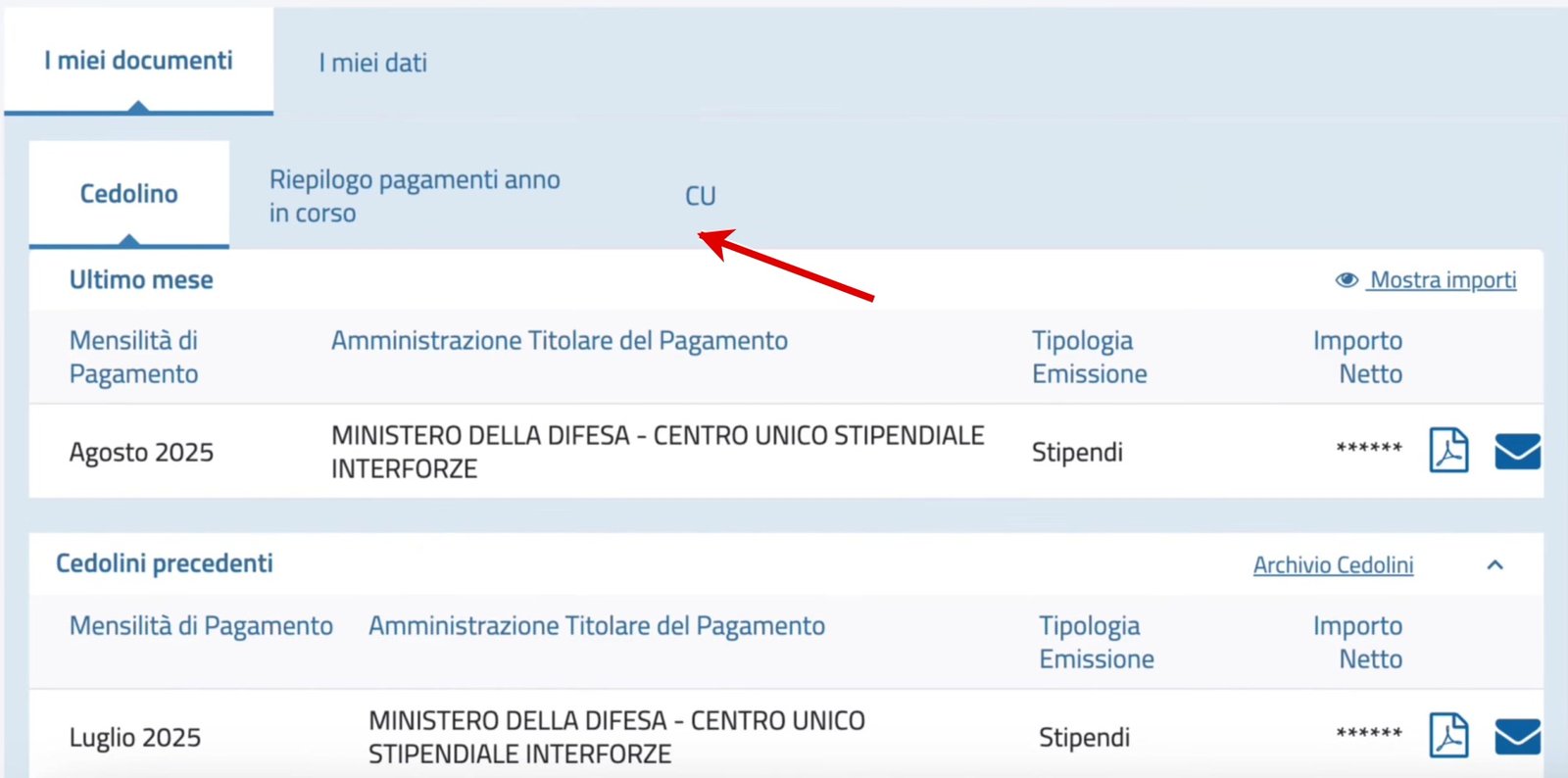 La voce CU nella home del portale NoiPA; fotogramma del tutorial Personal Fisco del 2025, ritagliato sui documenti