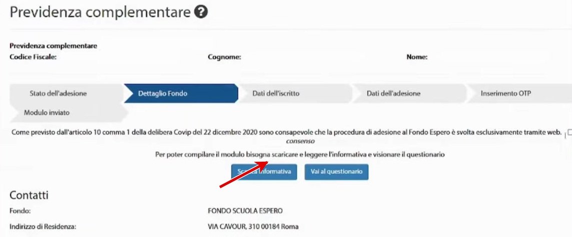 I collegamenti Scarica Informativa e Vai al questionario nel Dettaglio Fondo