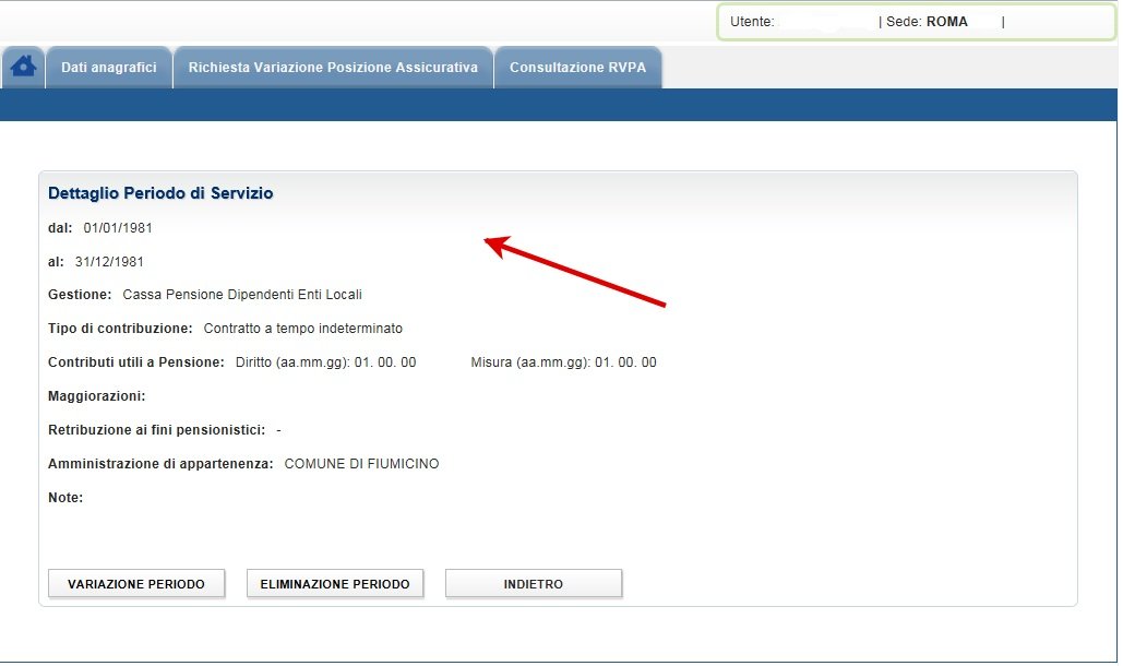 Dettaglio di un periodo di servizio nel manuale ufficiale INPS 2017, con dati dimostrativi